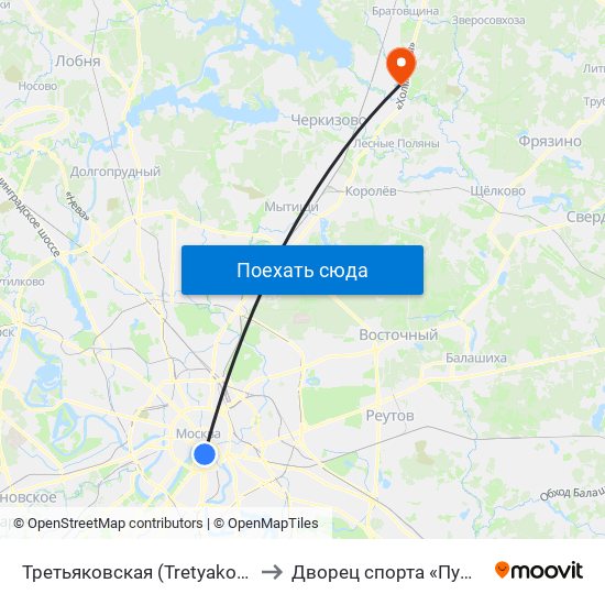 Третьяковская (Tretyakovskaya) to Дворец спорта «Пушкино» map