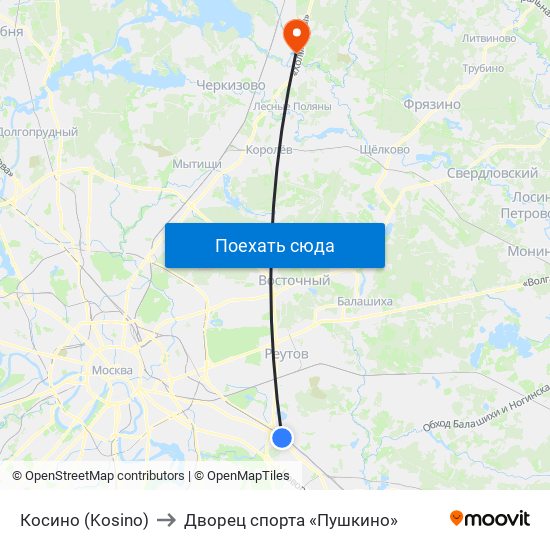Косино (Kosino) to Дворец спорта «Пушкино» map