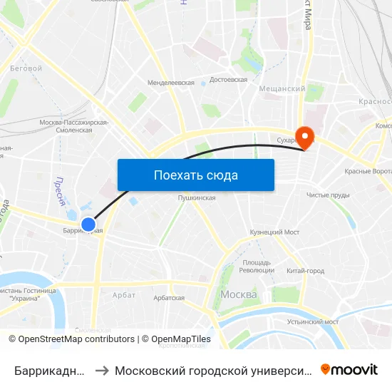 Баррикадная (Barrikadnaya) to Московский городской университет управления Правительства Москвы map