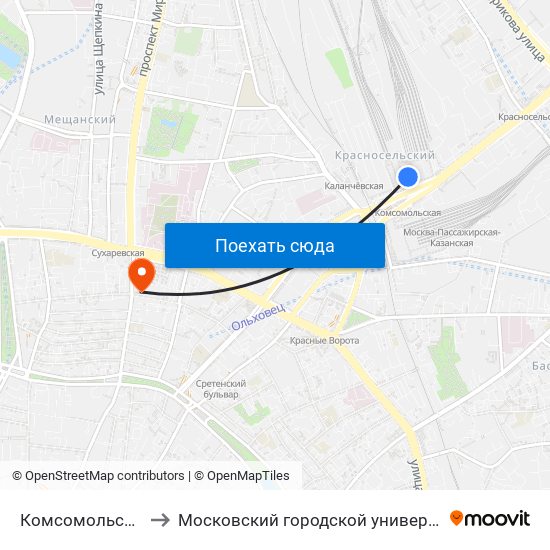 Комсомольская (Komsomolskaya) to Московский городской университет управления Правительства Москвы map