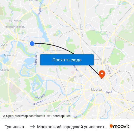 Тушинская (Tushinskaya) to Московский городской университет управления Правительства Москвы map