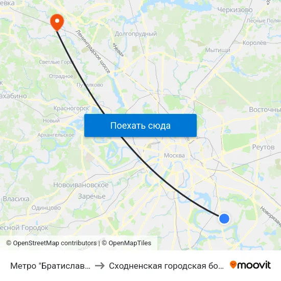 Метро "Братиславская" to Сходненская городская больница map