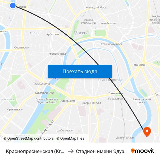 Краснопресненская (Krasnopresnenskaya) to Стадион имени Эдуарда Стрельцова map