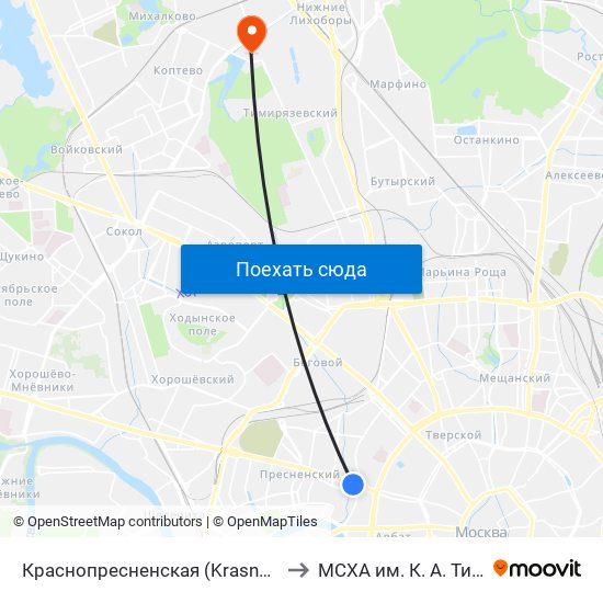 Краснопресненская (Krasnopresnenskaya) to МСХА им. К. А. Тимирязева map