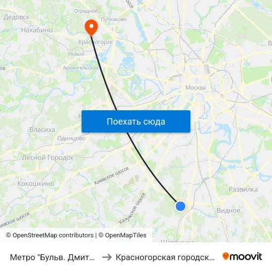 Метро "Бульв. Дмитрия Донского" to Красногорская городская больница №3 map