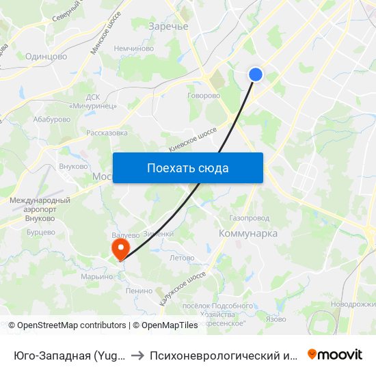 Юго-Западная (Yugo-Zapadnaya) to Психоневрологический интернат №5 ДСЗН map