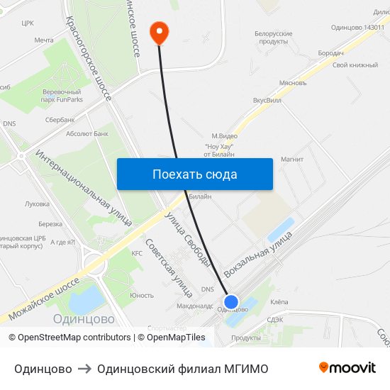 Одинцово to Одинцовский филиал МГИМО map