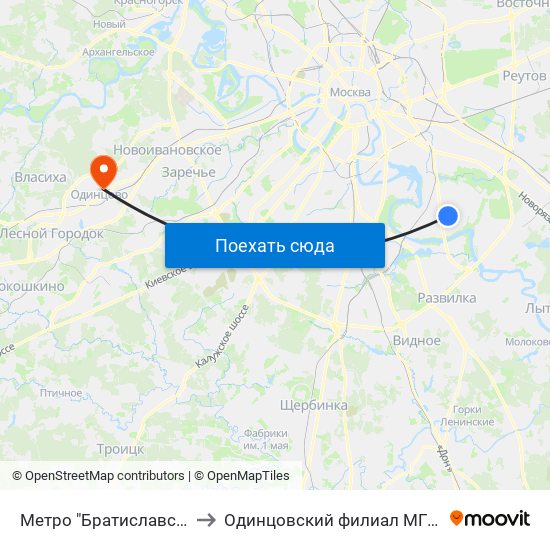 Метро "Братиславская" to Одинцовский филиал МГИМО map