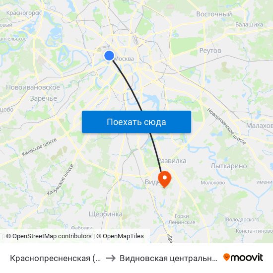 Краснопресненская (Krasnopresnenskaya) to Видновская центральная районная больница map