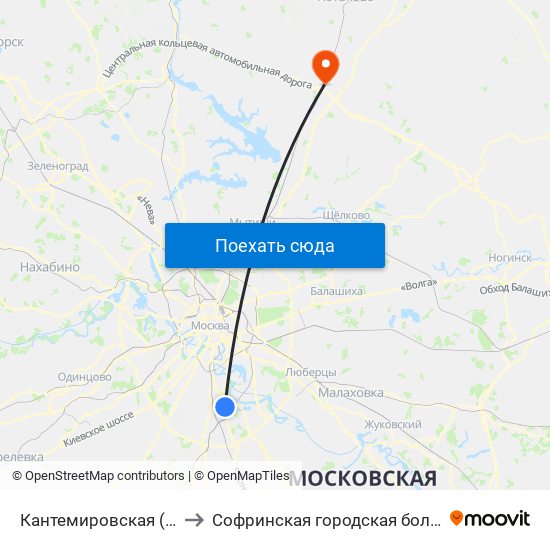 Кантемировская (Kantemirovskaya) to Софринская городская больница им. Семашко Н.А. map