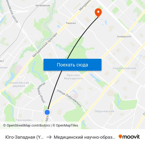 Юго-Западная (Yugo-Zapadnaya) to Медицинский научно-образовательный центр МГУ map