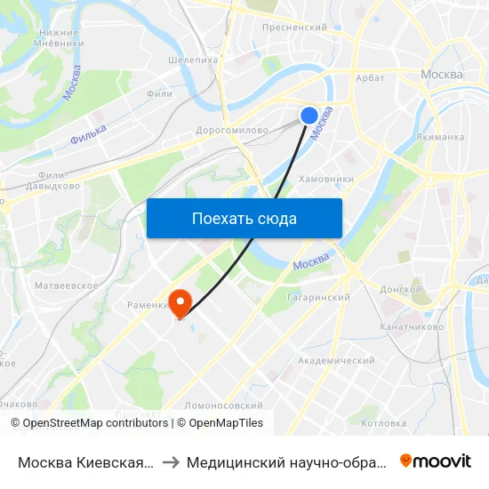 Москва Киевская (Kievsky Station) to Медицинский научно-образовательный центр МГУ map