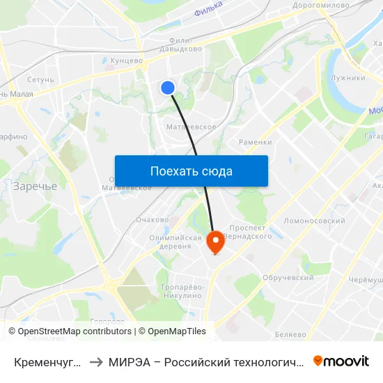 Кременчугская ул. to МИРЭА – Российский технологический университет map
