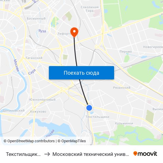 Текстильщики (Tekstilschiki) to Московский технический университет связи и информатики map