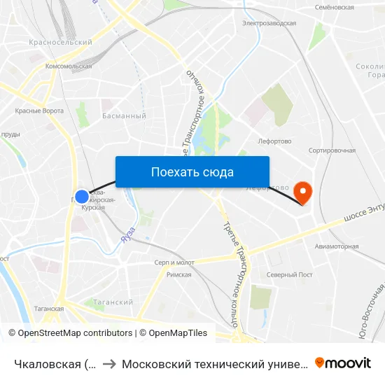 Чкаловская (Chkalovskaya) to Московский технический университет связи и информатики map