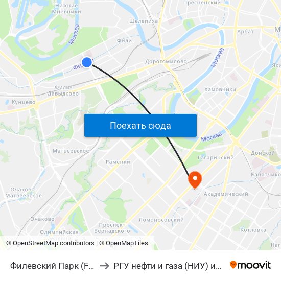 Филевский Парк (Filevsky Park) to РГУ нефти и газа (НИУ) им. И. М. Губкина map
