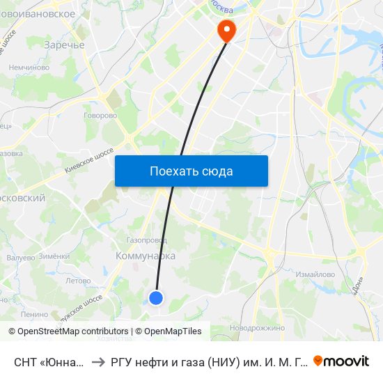 СНТ «Юннат-2» to РГУ нефти и газа (НИУ) им. И. М. Губкина map