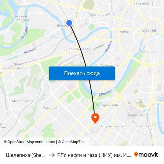 Шелепиха (Shepelikha) to РГУ нефти и газа (НИУ) им. И. М. Губкина map