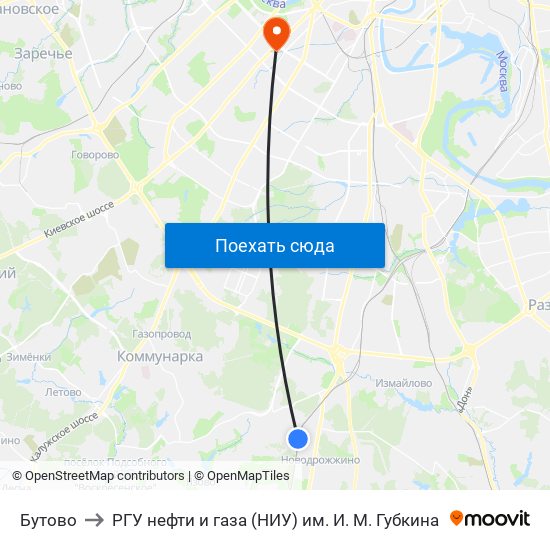 Бутово to РГУ нефти и газа (НИУ) им. И. М. Губкина map