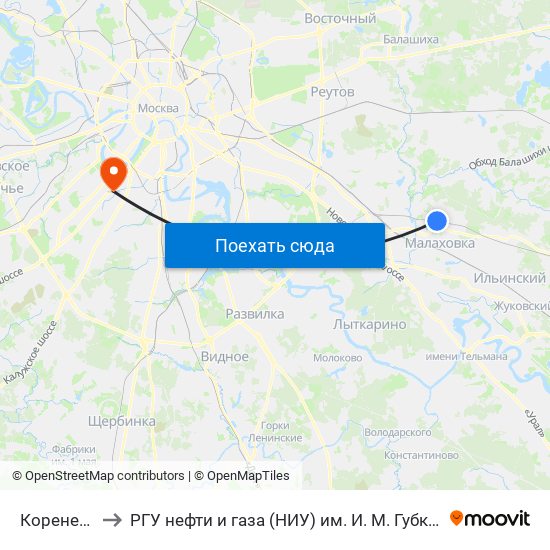 Коренево to РГУ нефти и газа (НИУ) им. И. М. Губкина map