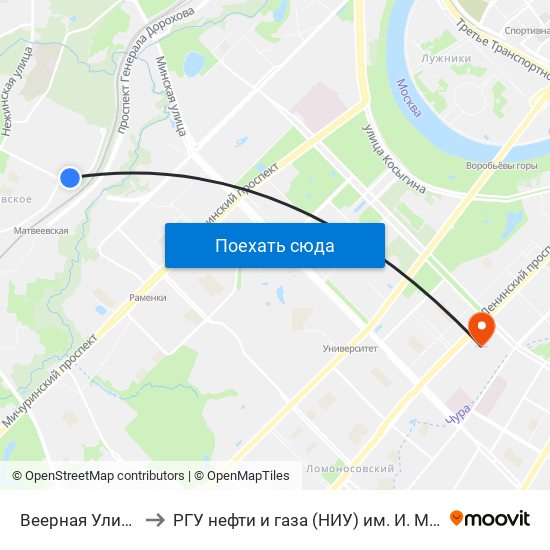 Веерная Улица 20 to РГУ нефти и газа (НИУ) им. И. М. Губкина map