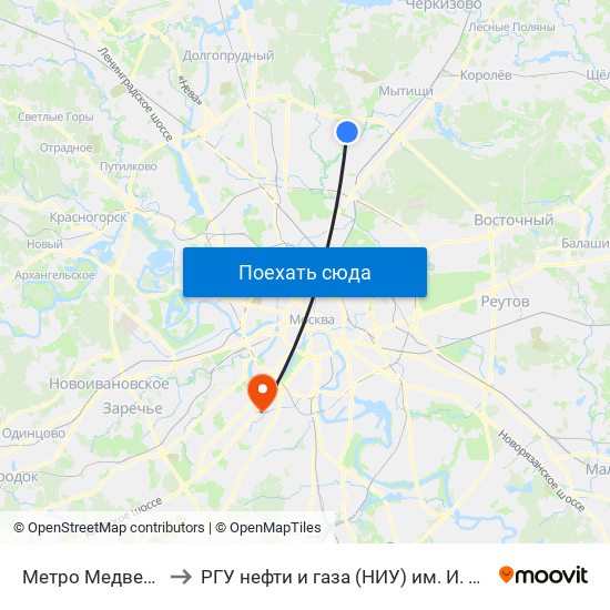 Метро Медведково to РГУ нефти и газа (НИУ) им. И. М. Губкина map