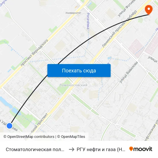 Стоматологическая поликлиника (ул. Удальцова) to РГУ нефти и газа (НИУ) им. И. М. Губкина map
