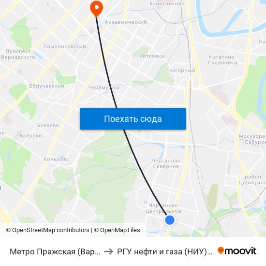 Метро Пражская (Варшавское шоссе) to РГУ нефти и газа (НИУ) им. И. М. Губкина map