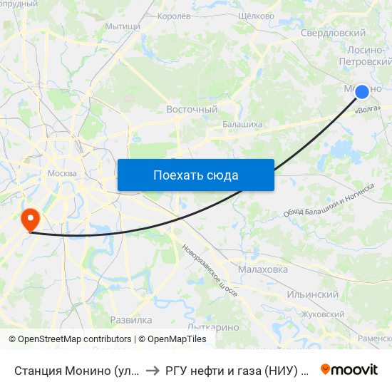 Станция Монино (ул. Московская) to РГУ нефти и газа (НИУ) им. И. М. Губкина map