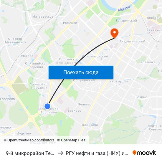 9-й микрорайон Теплого Стана to РГУ нефти и газа (НИУ) им. И. М. Губкина map