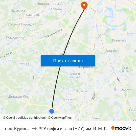 пос. Курилово to РГУ нефти и газа (НИУ) им. И. М. Губкина map