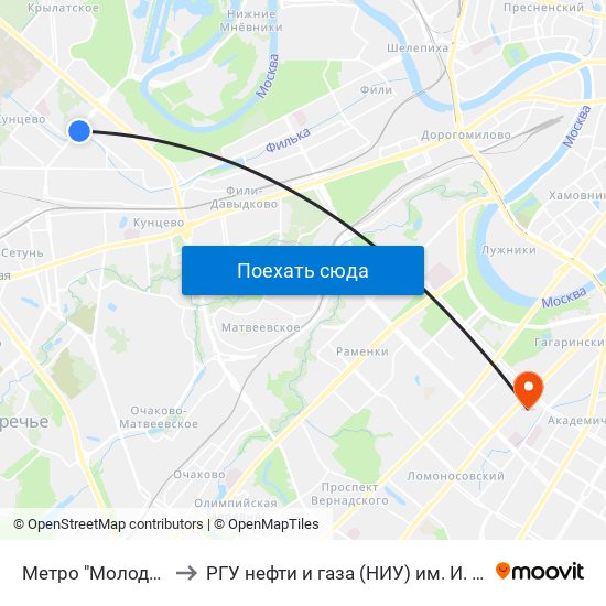 Метро "Молодежная" to РГУ нефти и газа (НИУ) им. И. М. Губкина map