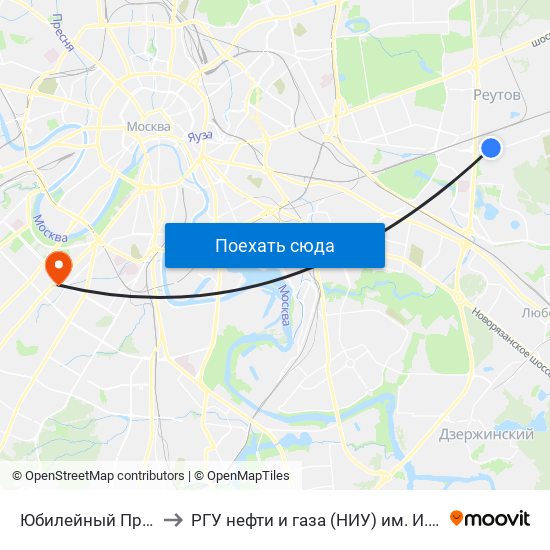 Юбилейный Проспект to РГУ нефти и газа (НИУ) им. И. М. Губкина map