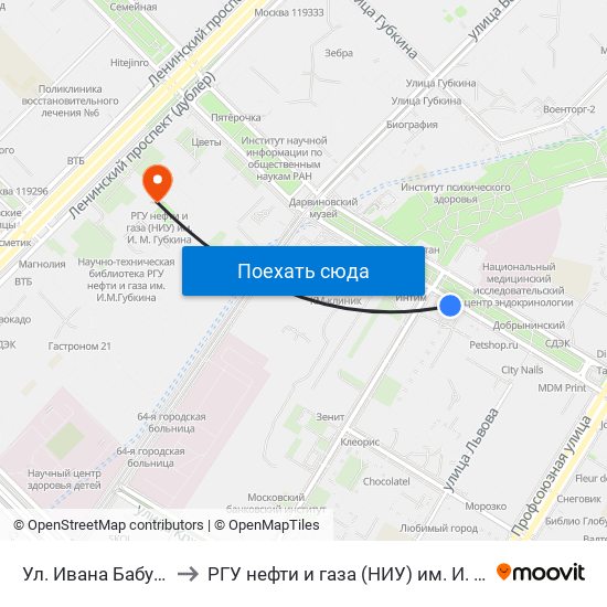 Ул. Ивана Бабушкина to РГУ нефти и газа (НИУ) им. И. М. Губкина map