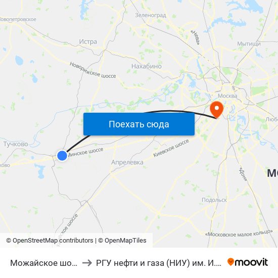 Можайское шоссе, 67 to РГУ нефти и газа (НИУ) им. И. М. Губкина map