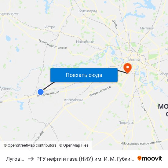 Луговая to РГУ нефти и газа (НИУ) им. И. М. Губкина map