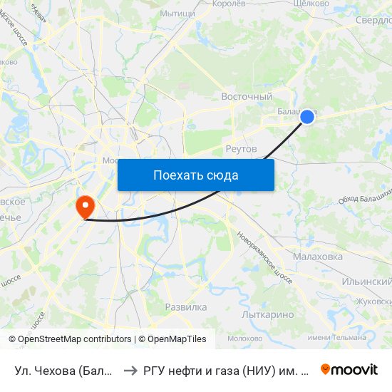 Ул. Чехова (Балашиха-3) to РГУ нефти и газа (НИУ) им. И. М. Губкина map