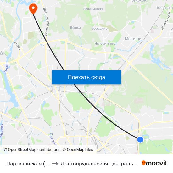 Партизанская (Partizanskaya) to Долгопрудненская центральная городская больница map
