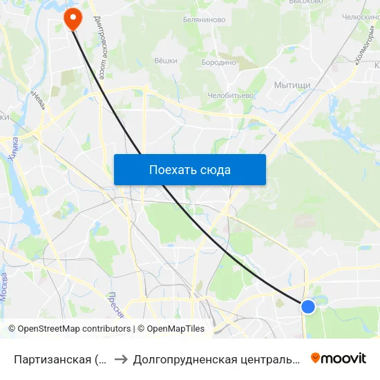 Партизанская (Partizanskaya) to Долгопрудненская центральная городская больница map