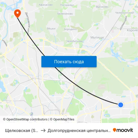 Щелковская (Schelkovskaya) to Долгопрудненская центральная городская больница map