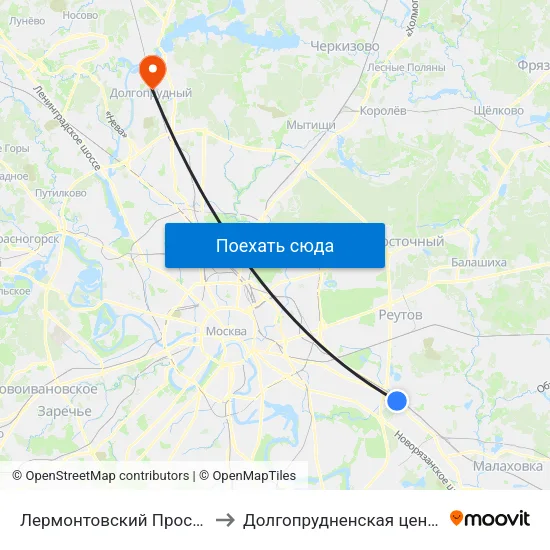 Лермонтовский Проспект (Lermontovsky Prospekt) to Долгопрудненская центральная городская больница map