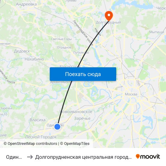 Одинцово to Долгопрудненская центральная городская больница map