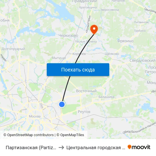 Партизанская (Partizanskaya) to Центральная городская больница map