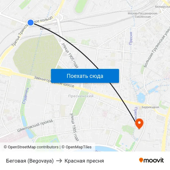 Беговая (Begovaya) to Красная пресня map