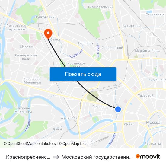 Краснопресненская (Krasnopresnenskaya) to Московский государственный университет пищевых производств map