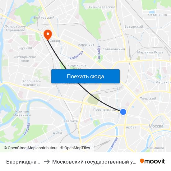 Баррикадная (Barrikadnaya) to Московский государственный университет пищевых производств map