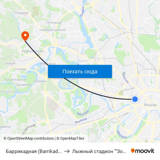Баррикадная (Barrikadnaya) to Лыжный стадион ""Зоркий"" map