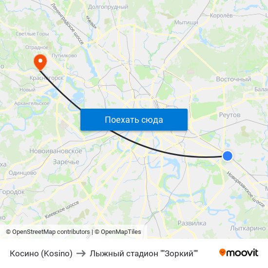 Косино (Kosino) to Лыжный стадион ""Зоркий"" map
