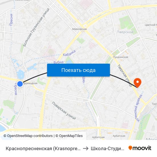 Краснопресненская (Krasnopresnenskaya) to Школа-Студия Мхат map