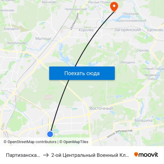 Партизанская (Partizanskaya) to 2-ой Центральный Военный Клинический Госпиталь им. Мандрыка map